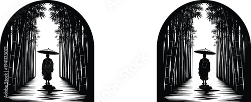 Silhouette of person with umbrella walking bamboo forest, arched frame artwork, serene nature illustration, peaceful path design, contemplative atmosphere concept