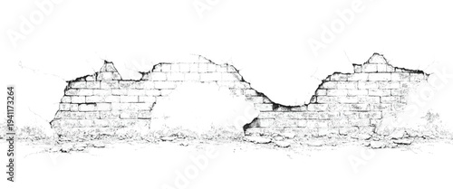 A detailed black and white of a crumbling brick wall with various textures and patterns