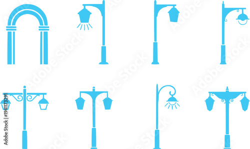  This row contains four distinct streetlight illustrations, each with unique characteristics. The variations may include differences in the shape of the lanterns (e.g., round, square, or ornate), the 