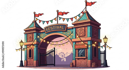 Vibrant festival entrance gate with colorful flags and lights at dusk festive celebration background