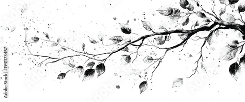 Delicate black and white ink of a bare tree branch with scattered leaves ink leaves