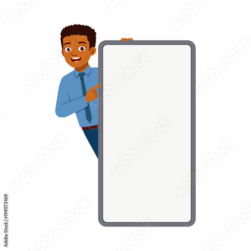 Happy Black man peeking from behind blank sign board pointing presentation smiling confidently