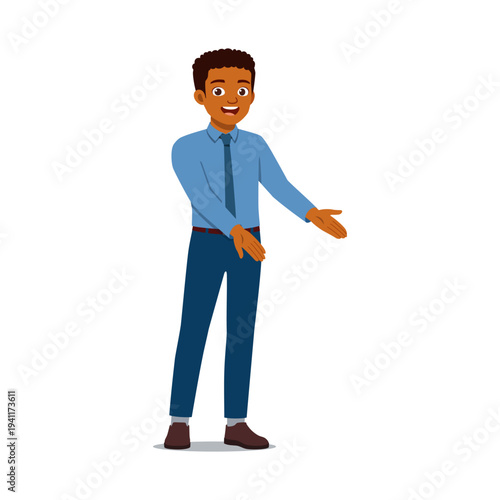 Happy African American man in business casual attire smiling widely while gesturing with both hands open presenting something