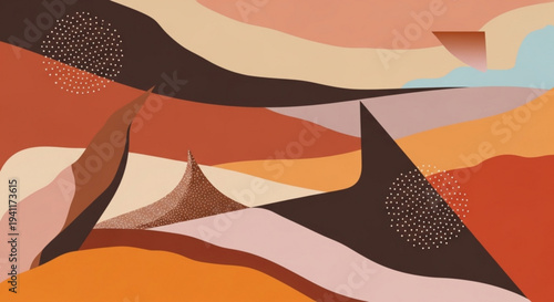 Vibrant abstract desert landscape with wavy dunes and blue sky