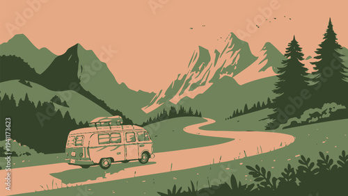 Vintage camper van on scenic mountain road trip adventure