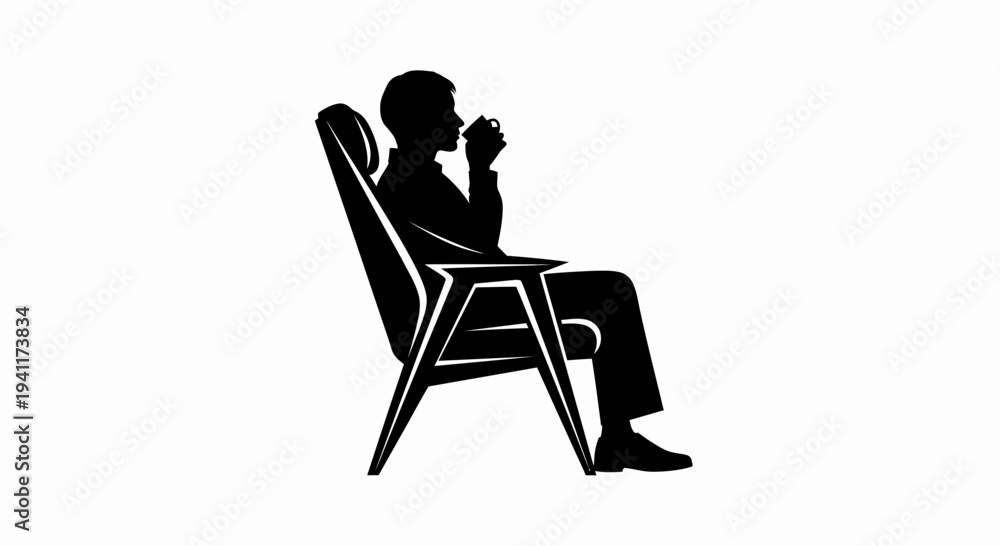 Fototapeta premium Relaxed person enjoying a hot beverage in a comfortable chair silhouette illustration