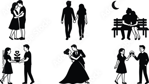 Romantic couple silhouettes set hugging walking sitting dancing and celebrating love, relationship scenes with man woman vector illustration