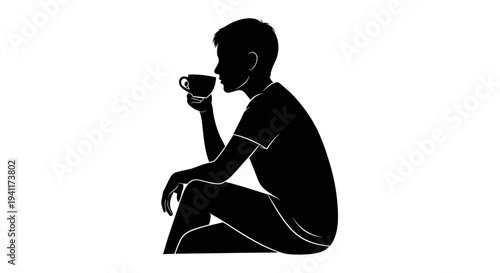 Monochromatic silhouette illustration of a person enjoying a quiet moment with a beverage in hand
