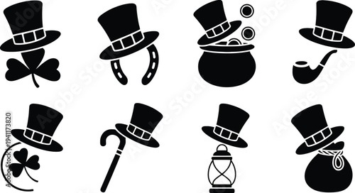 A collection of stylized black silhouettes depicting irish luck and symbolism