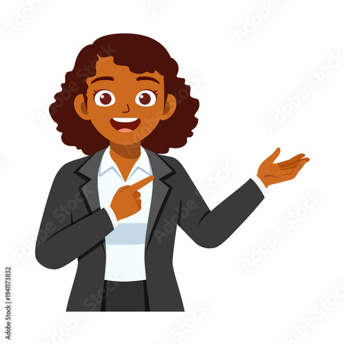 Smiling African American Businesswoman Pointing and Presenting with Cheerful Expression and Confident Mood