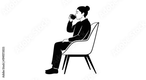 Minimalist illustration of a person enjoying a hot beverage in a stylish chair during a tranquil