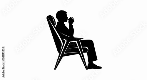 Relaxed person enjoying a hot beverage in a comfortable chair silhouette illustration