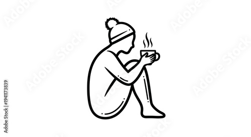 Minimalist illustration of a person finding solace and warmth with a hot beverage during cold