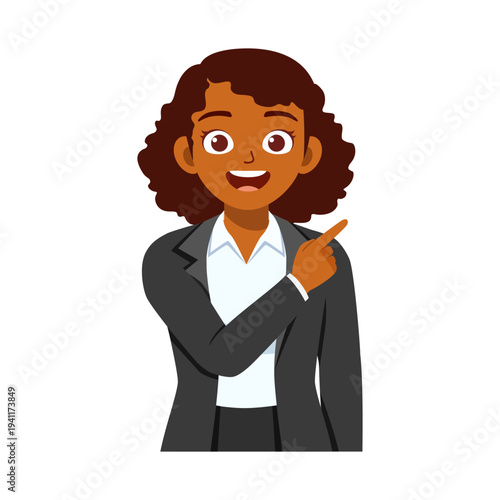 Happy Confident Black Businesswoman Pointing Right with a Bright Smile in Professional Attire Illustration