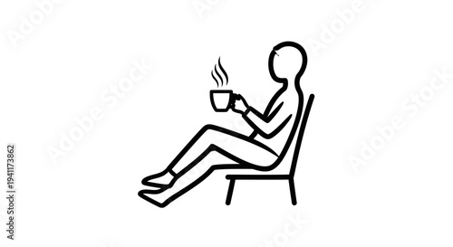 Simple outline illustration of a person relaxing in a chair, enjoying a hot beverage