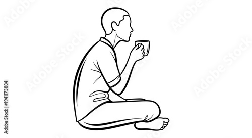 Minimalist line art illustration of a person enjoying a hot beverage in a relaxed cross-legged