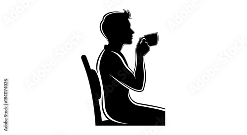Minimalist black silhouette illustration of an individual seated, sipping a warm drink from a cup