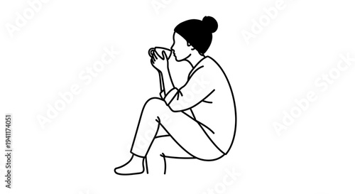 Minimalist line art illustration of a person enjoying a warm beverage in a moment of quiet