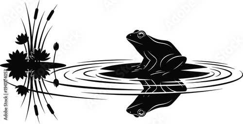 Silhouette vector illustration of a frog sitting on a lily pad in a pond with water reflections and cattail plants.