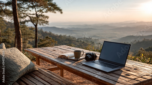 A dreamy beach workspace with laptop, sea waves, sand, palm trees, freedom, relaxation, remote work lifestyle