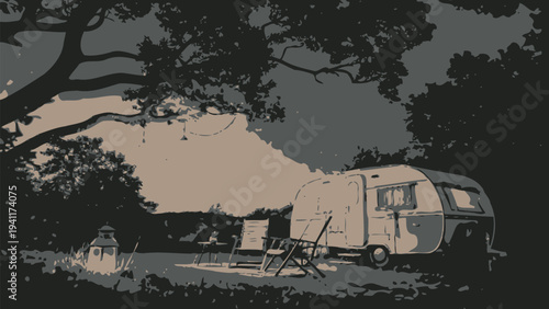 Vintage camper trailer parked under starry night sky in serene forest