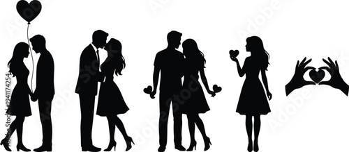Romantic love silhouettes collection with couple holding hearts kissing and romantic gestures, Valentine relationship vector illustration set