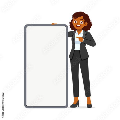 Smiling African American businesswoman confidently pointing at blank vertical display board for presentation