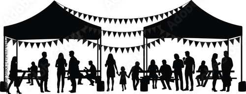 Black silhouette vector illustration of festive community gathering under canopy tents with people, picnic tables, banners, family celebration scene
