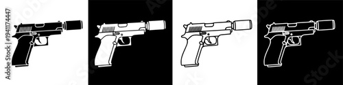 Four variations of a handgun with a suppressor black and white line art vector illustration.