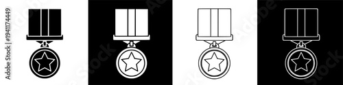 Military Medal with Star Emblem and Ribbon Black and White Illustration.