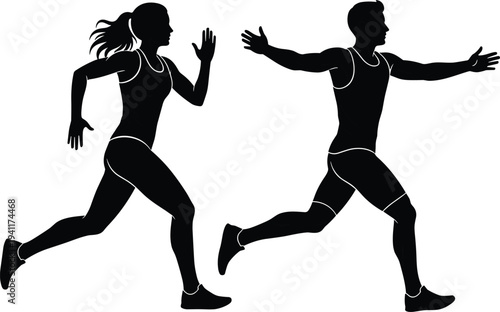 Running athletes silhouettes man and woman sprinting fitness training sport activity isolated black vector illustration