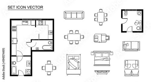 detailed architectural floor plan and furniture layout vector icons essential for interior design and home planning projects.