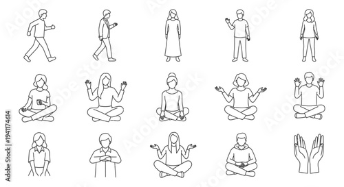 people line art illustrations depicting diverse human figures in various poses and actions from walking to peaceful meditation ideal for ui ux design.