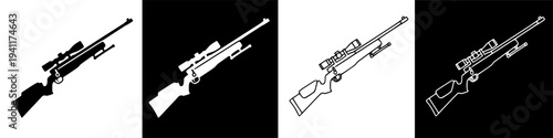 Sniper Rifle Silhouette and Outline Set for Hunting and Military Designs.