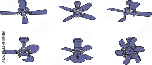 The image showcases a collection of six cartoon-style ceiling fans, all featuring a cohesive blue color scheme. The fans are arranged in two rows, with three fans positioned at the top and three