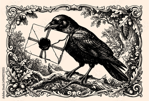 Vintage Victorian Illustration of a Raven Holding a Sealed Letter in its Beak
