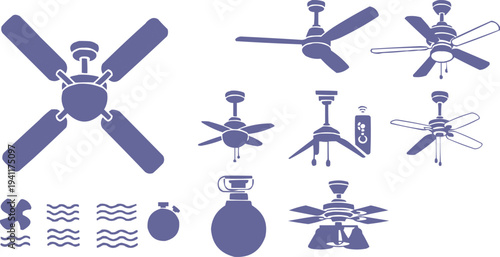 The image features a variety of ceiling fans, all designed in a blue-purple color scheme. The fans showcase different styles and configurations, including models with four blades, three blades, 