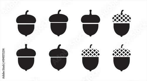 Acorn icons collection representing oak tree seeds and autumn nature concept