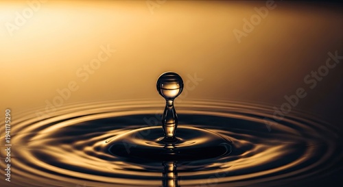 Fotografía Water droplet splashing into rippling water with golden lighting