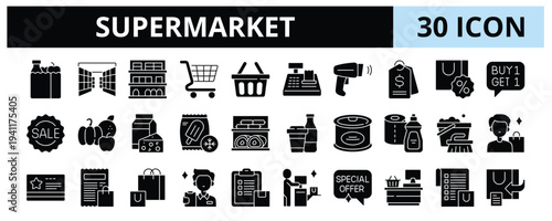 30 Supermarket Glyph Banner Web Icon Set Vector Illustration