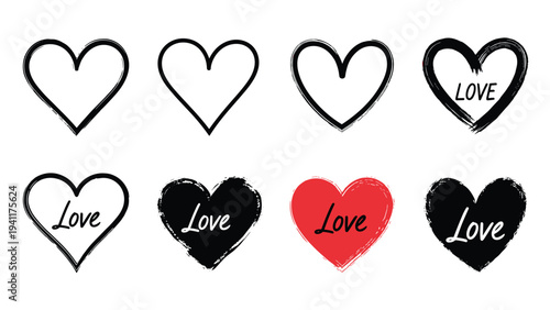 Set of eight hand drawn heart shapes in black and red with some featuring the word love inside for romantic designs.