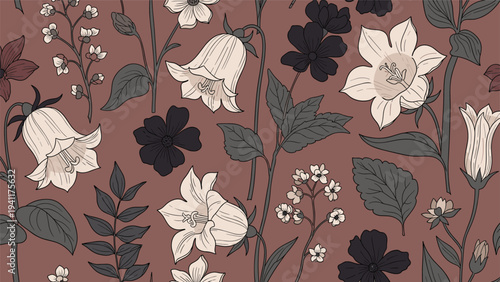 Vintage style floral pattern with bell shaped flowers and leafy branches in muted earthy tones for textile design.
