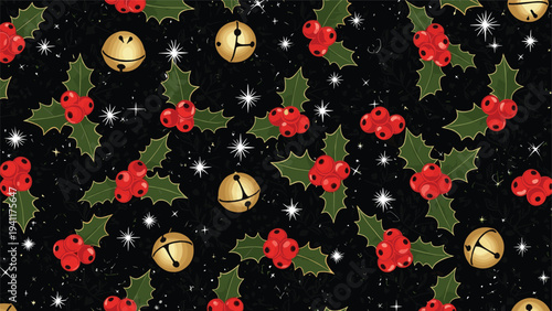 Festive Christmas pattern with red holly berries green leaves gold bells and sparkling stars on a dark background.