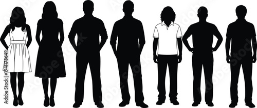 Silhouette diverse people standing, male female figures, casual and formal attire, demographic representation concept, minimalist art, body posture illustration