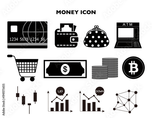 家計やビジネスに使えるマネーアイコンセット。クレジットカード、財布、ATM、ビットコインの黒の記号