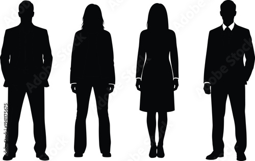 Silhouette diverse people standing, business suit, casual attire, professional dress, workplace diversity concept, gender representation, minimalist art illustration
