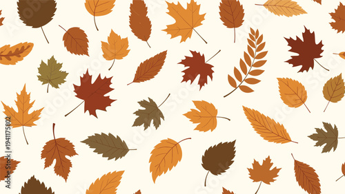 Seamless autumn leaf pattern with various foliage types in warm shades of orange and brown scattered on a light cream background for fall.