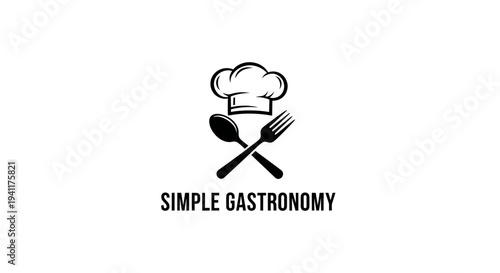 A sleek minimalist logo featuring a chef's hat, crossed spoon, and fork, representing simple