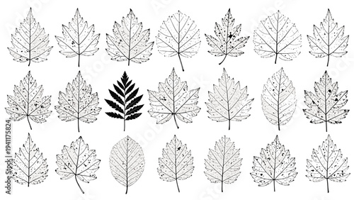 Grid of diverse leaf skeleton stamp impressions in grey and black ink showing intricate natural veins and organic shapes on white paper.