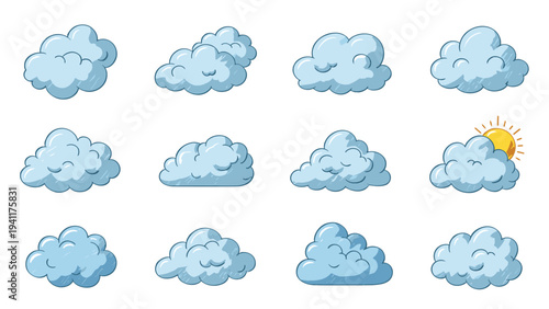 Set of twelve cute cartoon cloud illustrations in shades of blue with one featuring a bright yellow sun peeking from behind the fluffy shape.